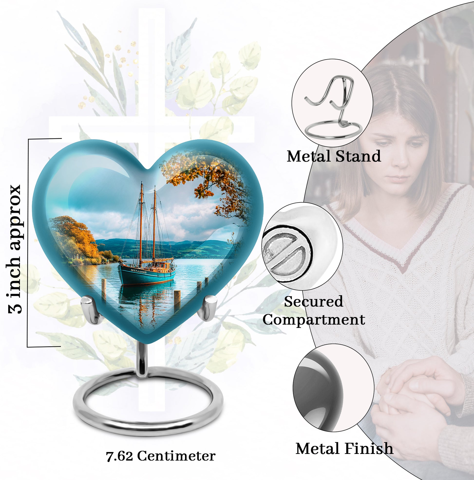 Jewel Teal Boat Cremation Urn front view showing detailed design - loving heart memorial featuring boat pattern - mini keepsake memorial for portion of cremation ashes
