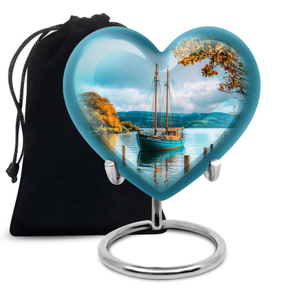 Tropical Teal Boat Cremation Urn detail view - romantic heart urn with boat motif on aluminum - full-size 10 inch 200 cubic inch adult cremation urn