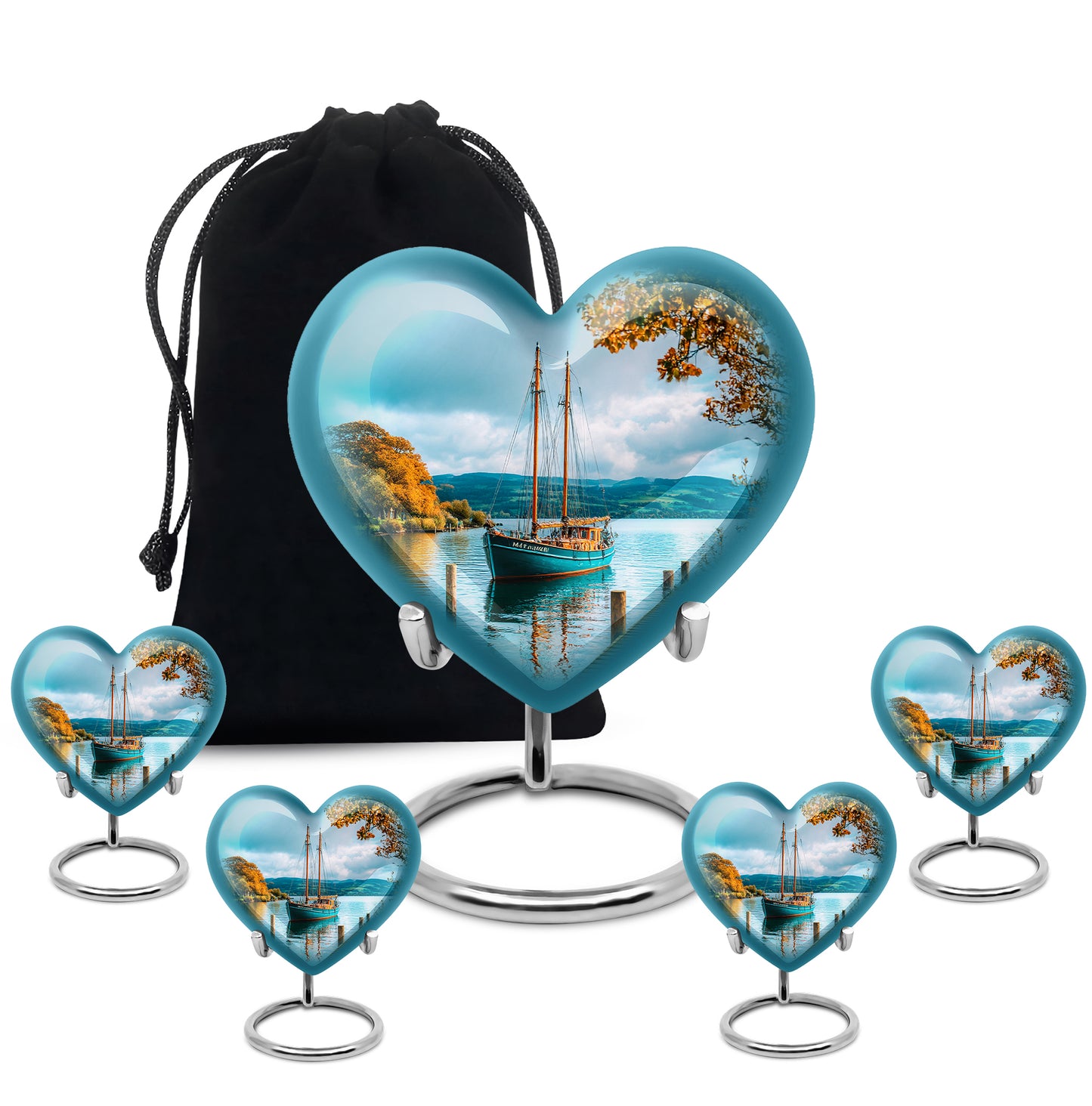Aqua Teal Boat Cremation Urn close-up of engraving and surface detail - compassionate heart-boat combination with gentle curves - memorial set with one large and four small urns