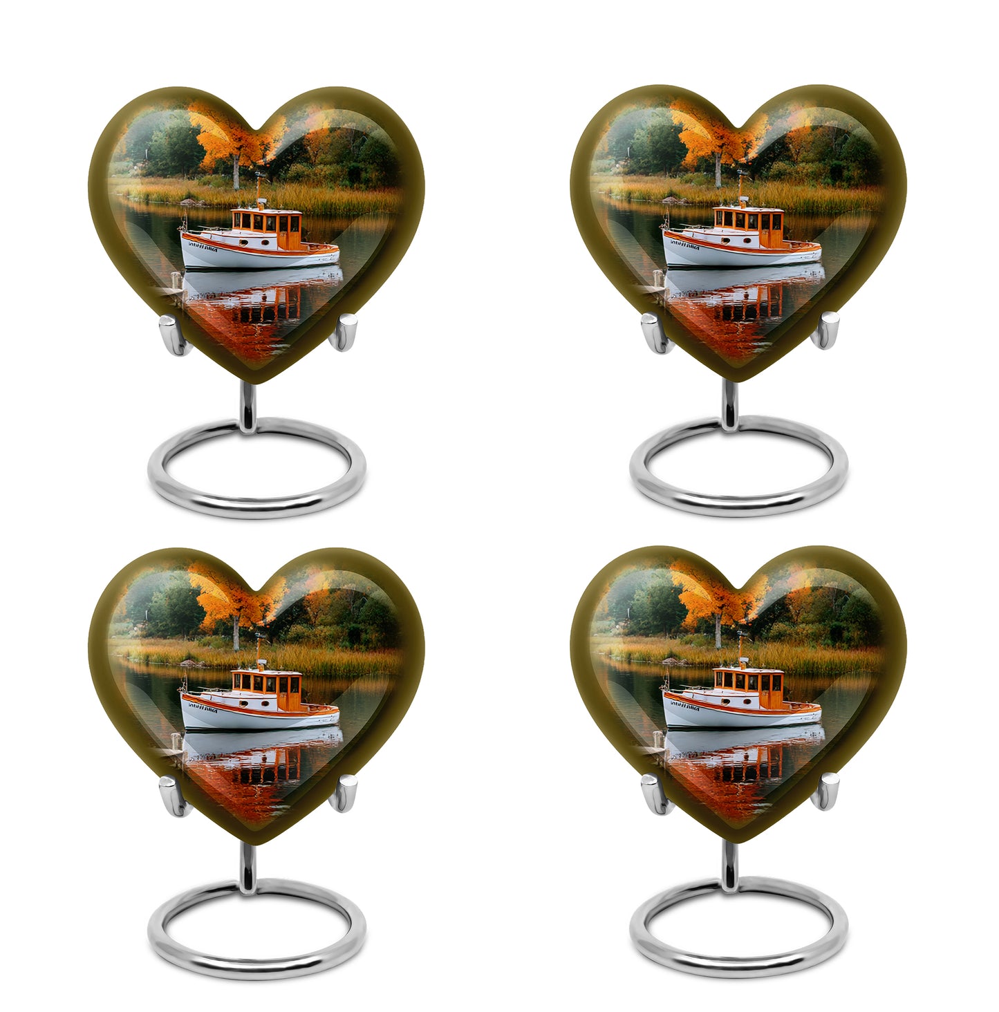 Moss Green Boat Cremation Urn angled view of lid and engraved motif - loving heart memorial featuring boat pattern - 10 inch aluminum urn for cremated remains