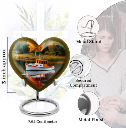 Sage Green Boat Cremation Urn front view showing detailed design - loving heart memorial featuring boat pattern - mini keepsake memorial for portion of cremation ashes