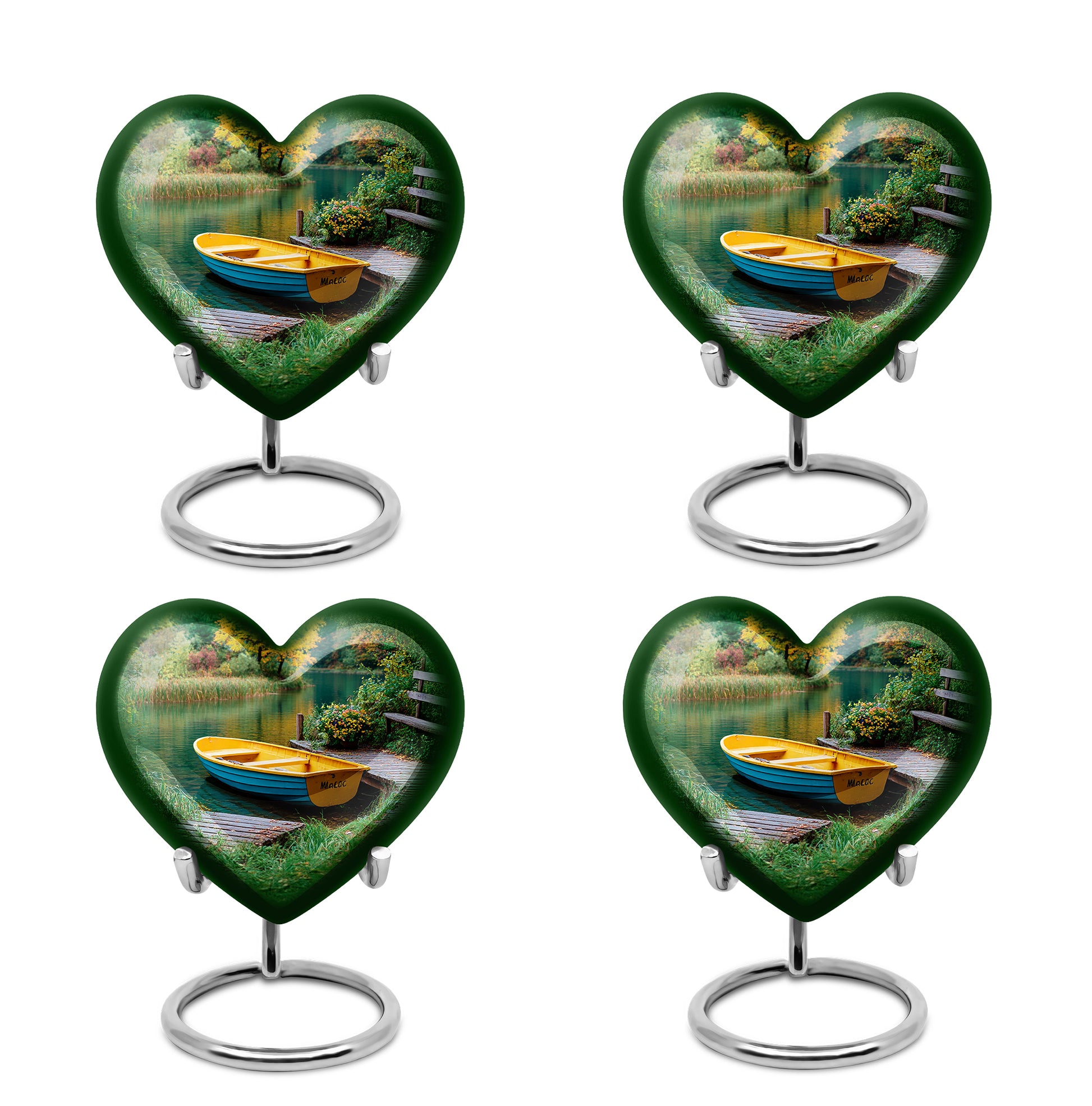 Sea Green Teal Boat Cremation Urn angled view of lid and engraved motif - loving heart memorial featuring boat pattern - 10 inch aluminum urn for cremated remains