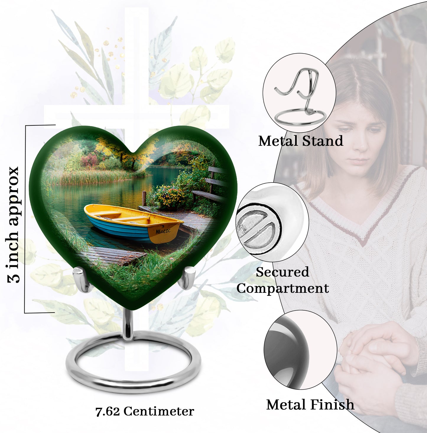 Deep Teal Boat Cremation Urn front view showing detailed design - compassionate heart-boat combination with gentle curves - mini keepsake memorial for portion of cremation ashes