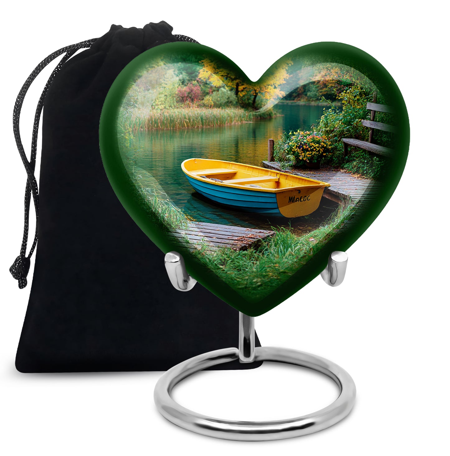 Jewel Teal Boat Cremation Urn detail view - heart-shaped boat design symbolizing eternal love - full-size 10 inch 200 cubic inch adult cremation urn