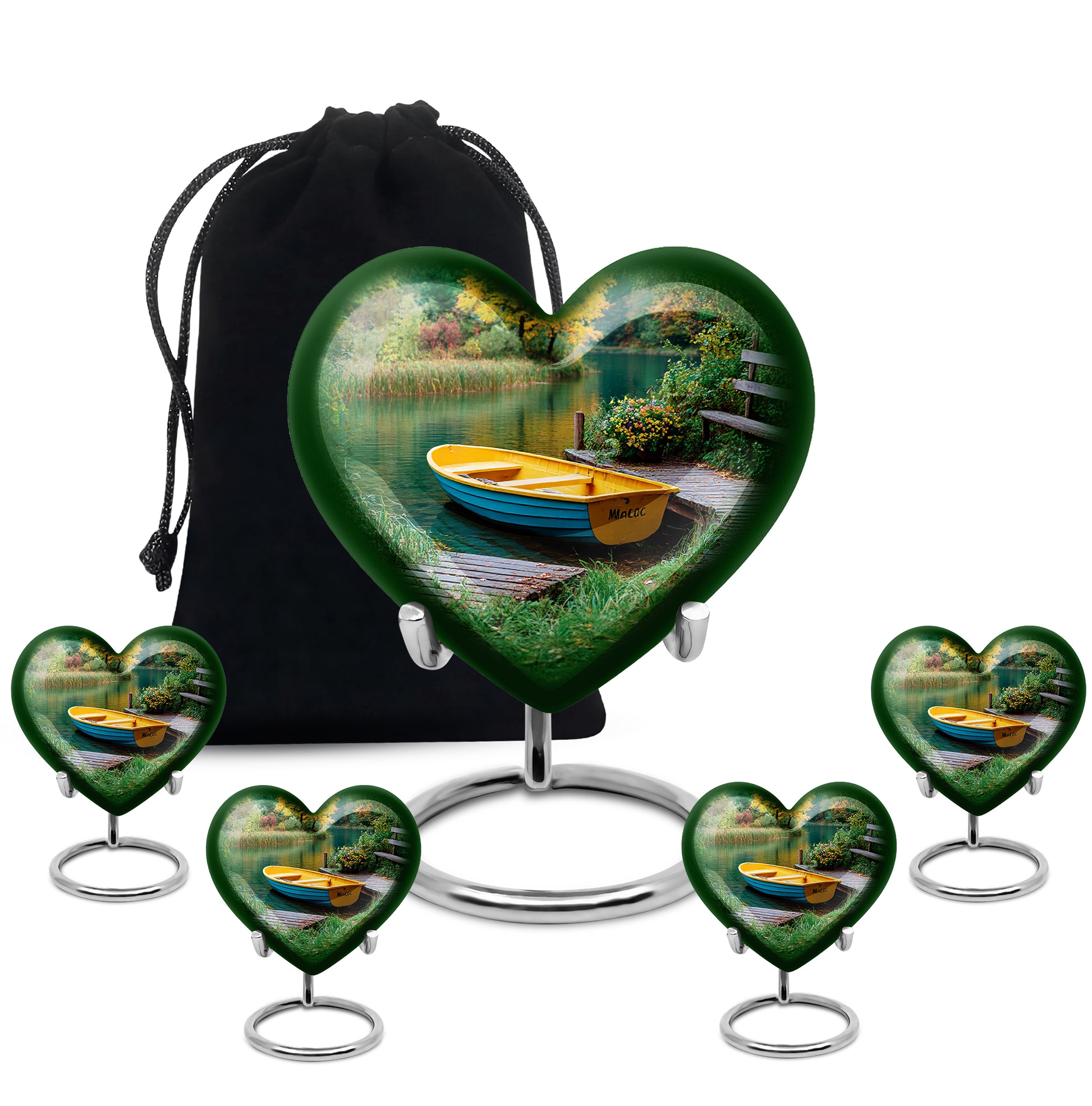 Mystic Teal Boat Cremation Urn close-up of engraving and surface detail - romantic heart urn with boat motif on aluminum - memorial set with one large and four small urns