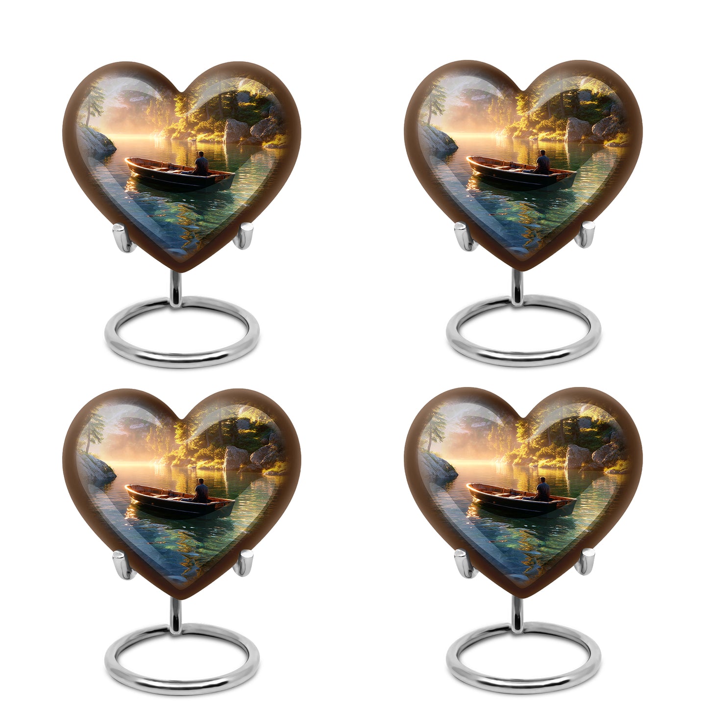 Sunrise Gold Boat Cremation Urn angled view of lid and engraved motif - loving heart memorial featuring boat pattern - 10 inch aluminum urn for cremated remains