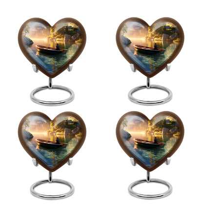 Sunrise Gold Boat Cremation Urn angled view of lid and engraved motif - loving heart memorial featuring boat pattern - 10 inch aluminum urn for cremated remains