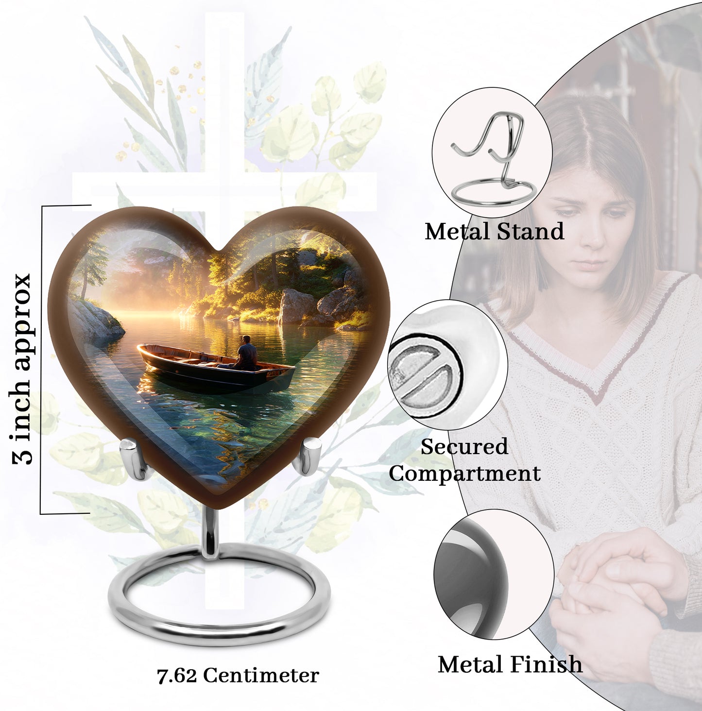 Royal Gold Boat Cremation Urn front view showing detailed design - romantic heart urn with boat motif on aluminum - mini keepsake memorial for portion of cremation ashes