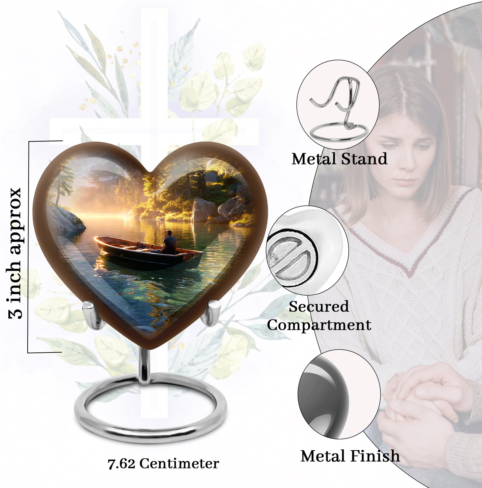 Royal Gold Boat Cremation Urn front view showing detailed design - romantic heart urn with boat motif on aluminum - mini keepsake memorial for portion of cremation ashes