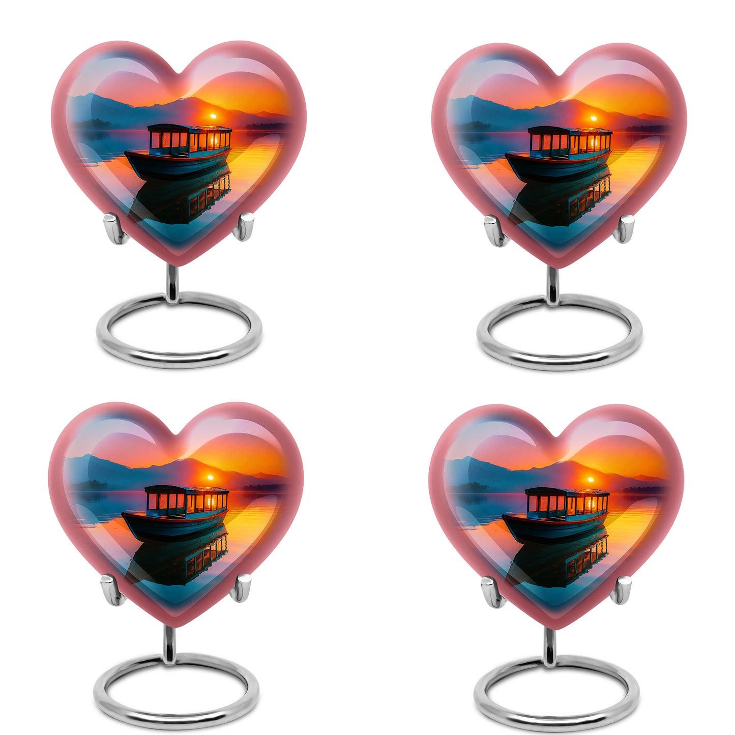 Garnet Red Boat Cremation Urn angled view of lid and engraved motif - heart-shaped boat design symbolizing eternal love - 10 inch aluminum urn for cremated remains
