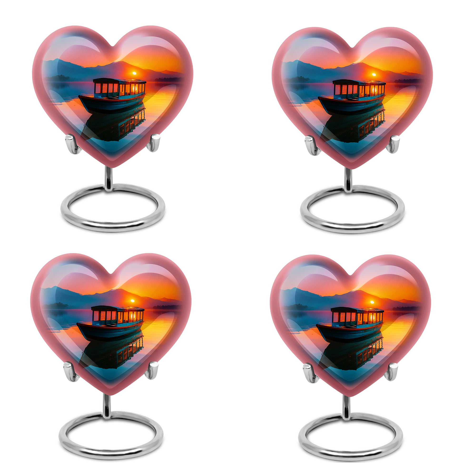 Garnet Red Boat Cremation Urn angled view of lid and engraved motif - heart-shaped boat design symbolizing eternal love - 10 inch aluminum urn for cremated remains