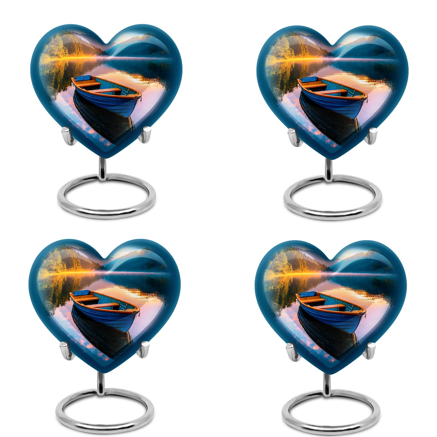 Soft Teal Boat Cremation Urn angled view of lid and engraved motif - loving heart memorial featuring boat pattern - 10 inch aluminum urn for cremated remains