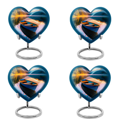Soft Teal Boat Cremation Urn angled view of lid and engraved motif - loving heart memorial featuring boat pattern - 10 inch aluminum urn for cremated remains
