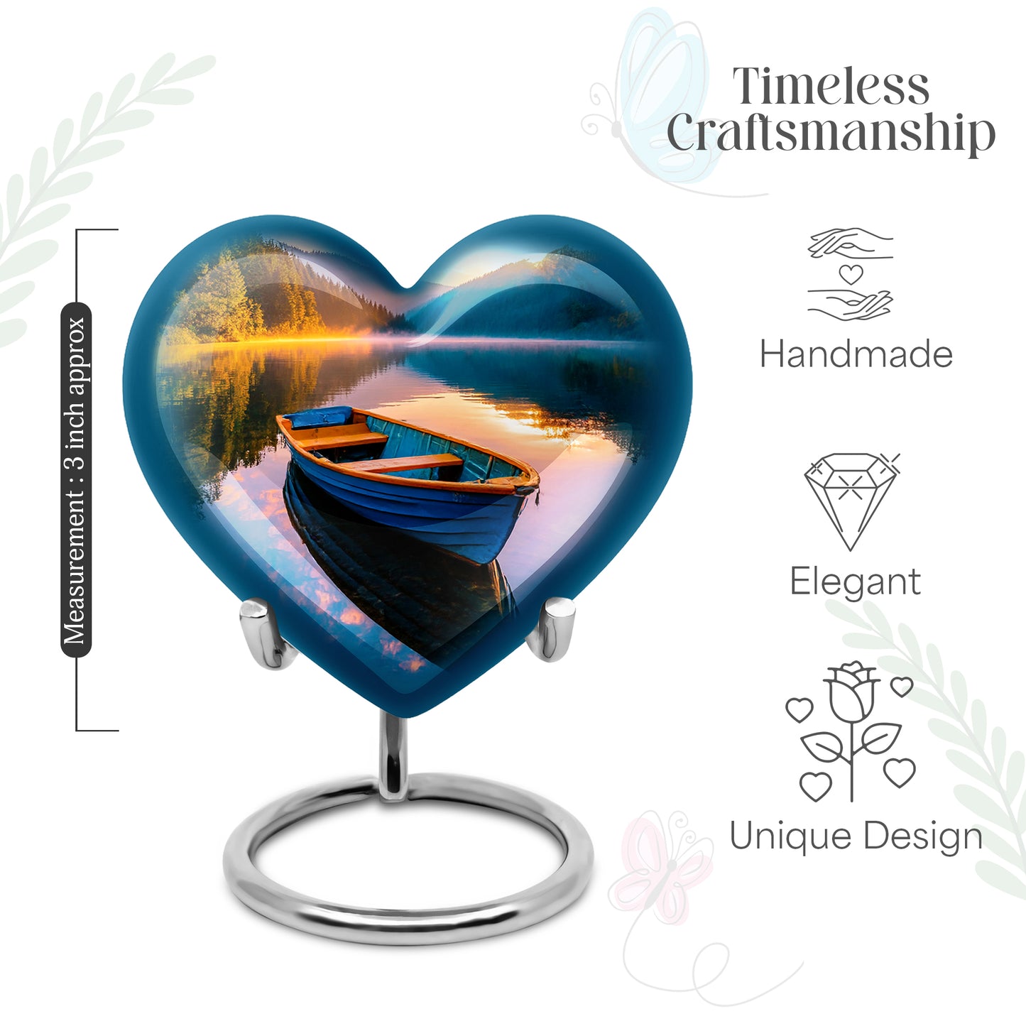 Deep Teal Boat Cremation Urn front view showing detailed design - romantic heart urn with boat motif on aluminum - mini keepsake memorial for portion of cremation ashes