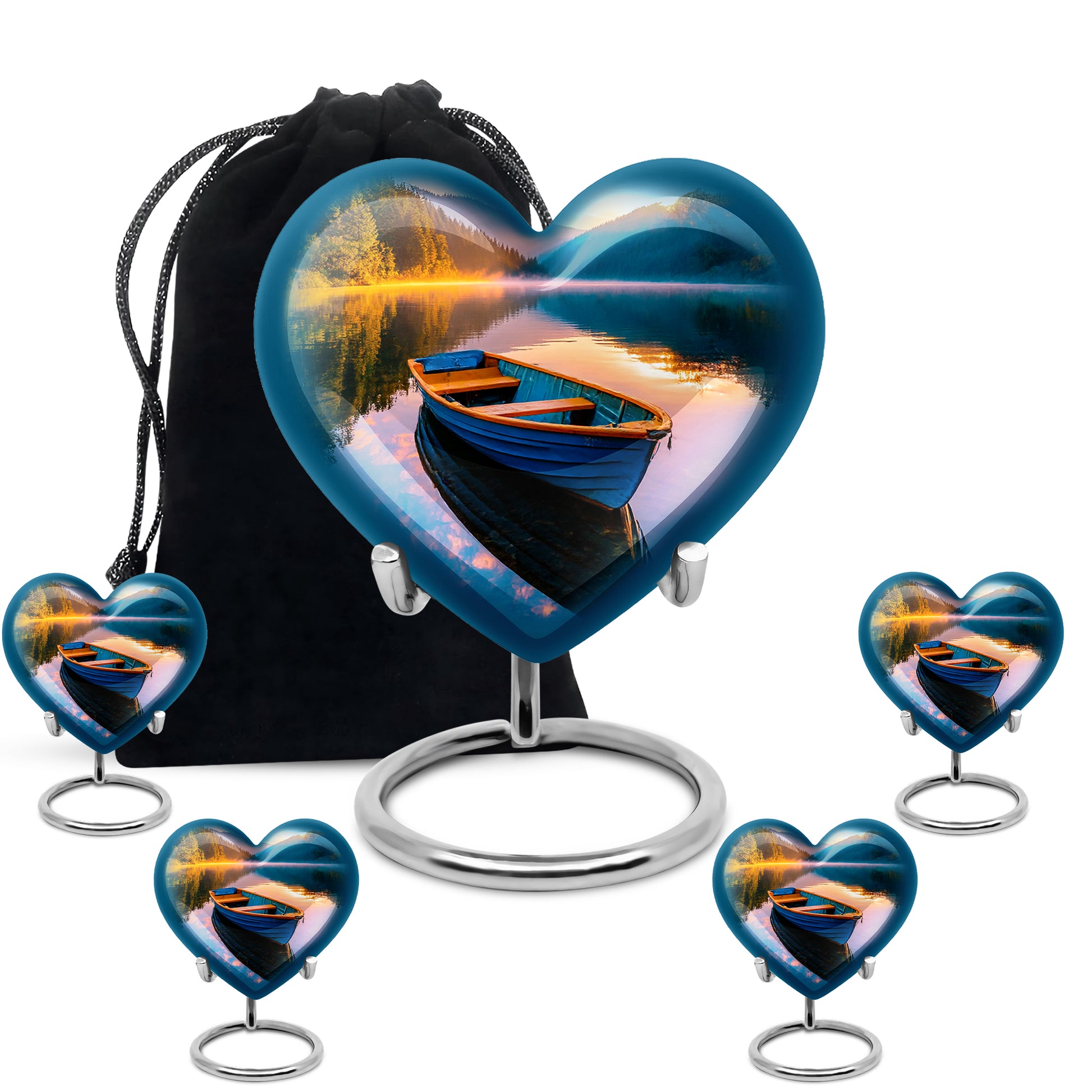 Soft Teal Boat Cremation Urn close-up of engraving and surface detail - heart-shaped boat design symbolizing eternal love - memorial set with one large and four small urns