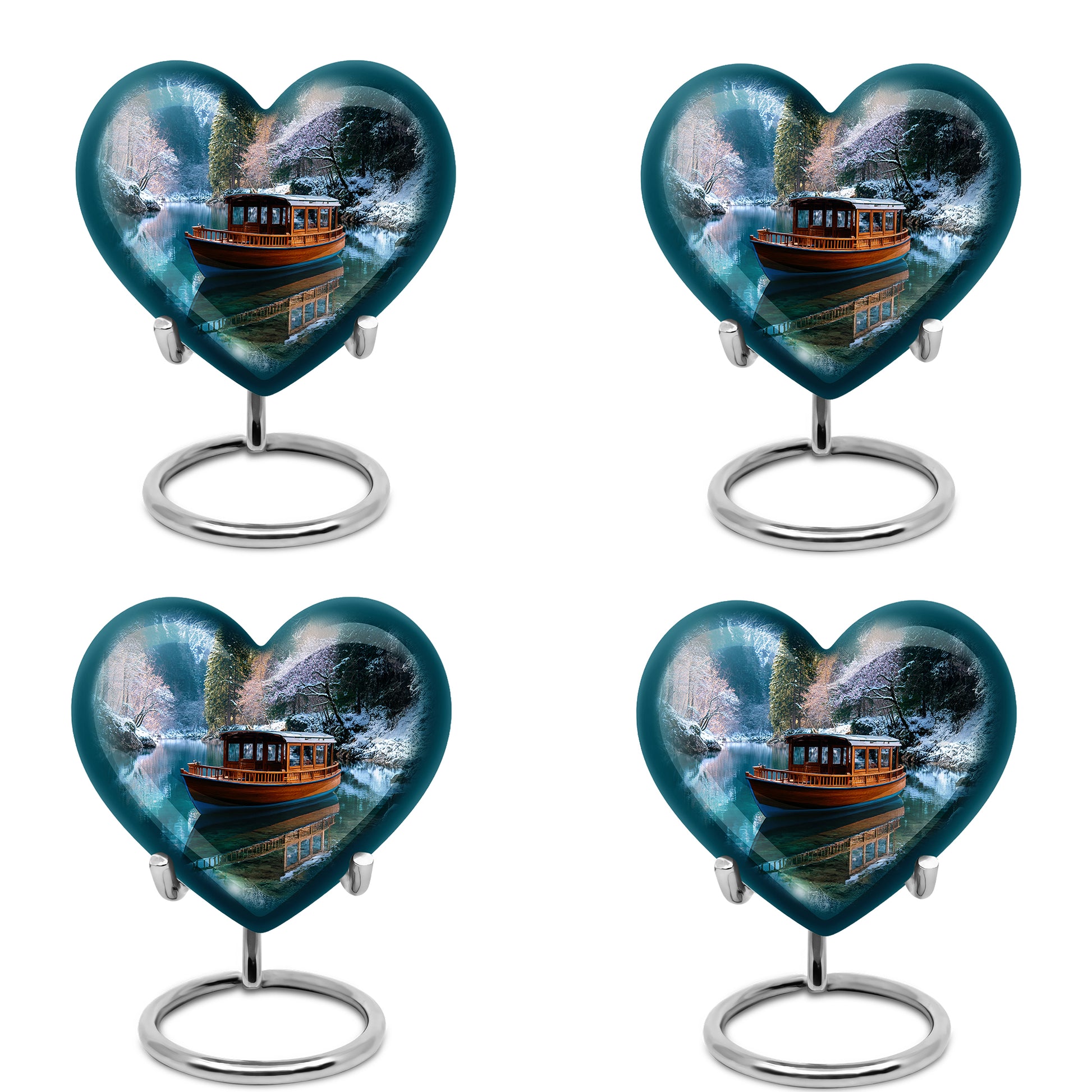 Serene Blue Boat Cremation Urn angled view of lid and engraved motif - romantic heart urn with boat motif on aluminum - 10 inch aluminum urn for cremated remains