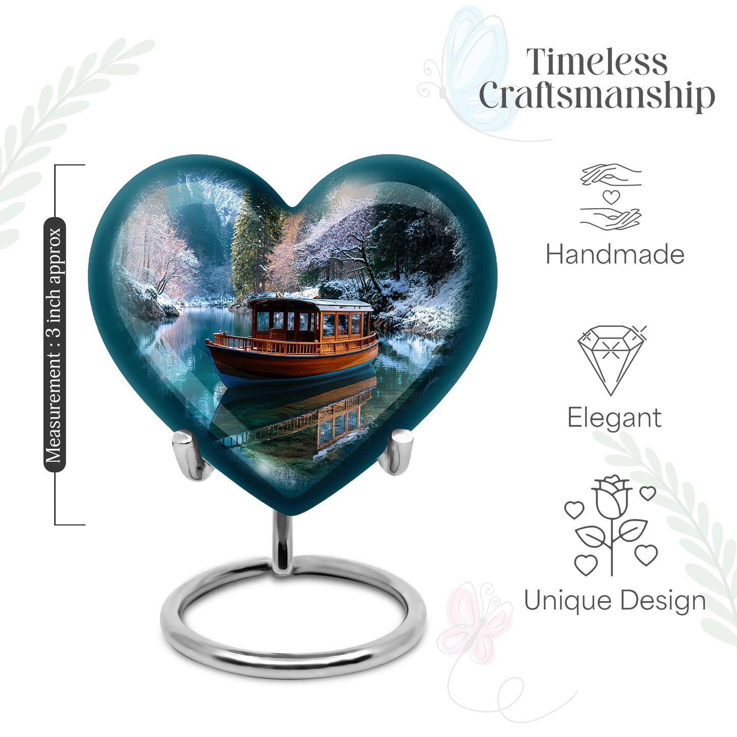 Bright Blue Boat Cremation Urn front view showing detailed design - compassionate heart-boat combination with gentle curves - mini keepsake memorial for portion of cremation ashes