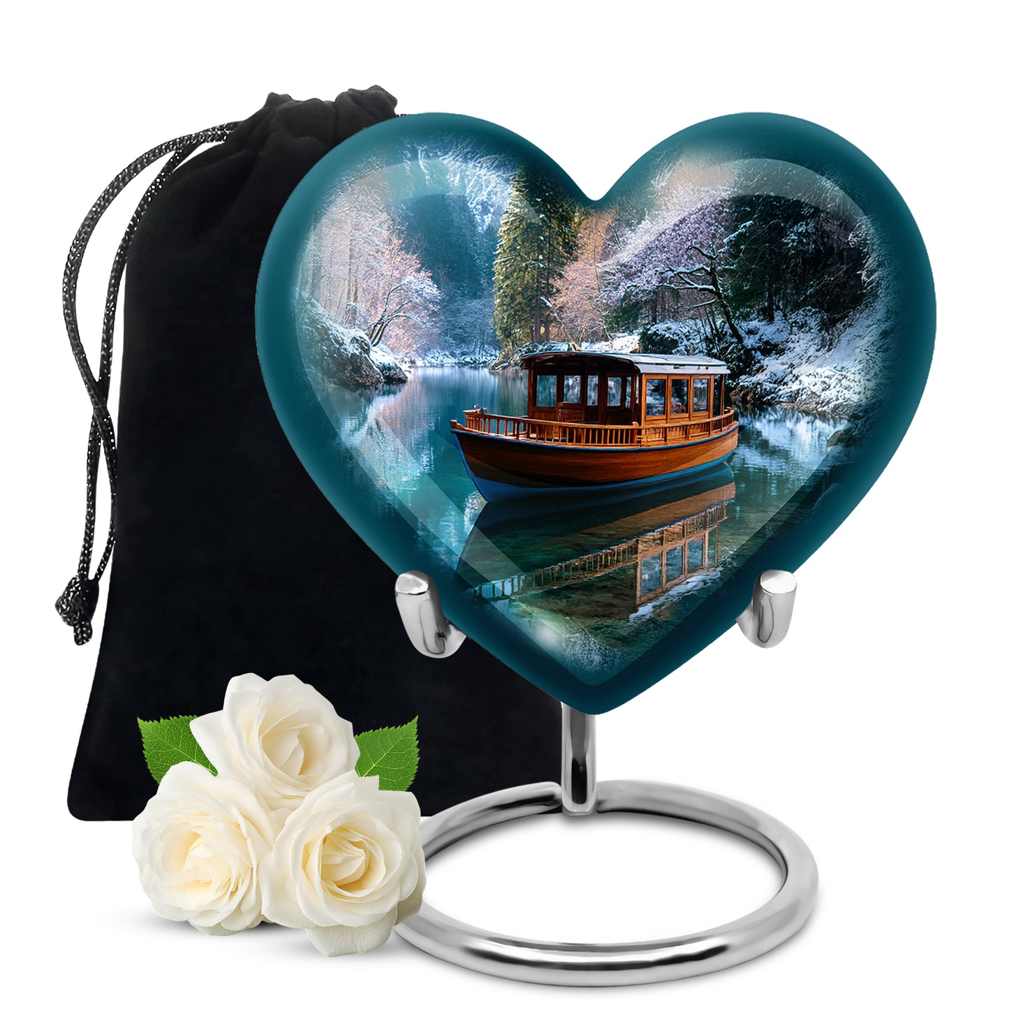 Steel Blue Boat Cremation Urn detail view - romantic heart urn with boat motif on aluminum - full-size 10 inch 200 cubic inch adult cremation urn