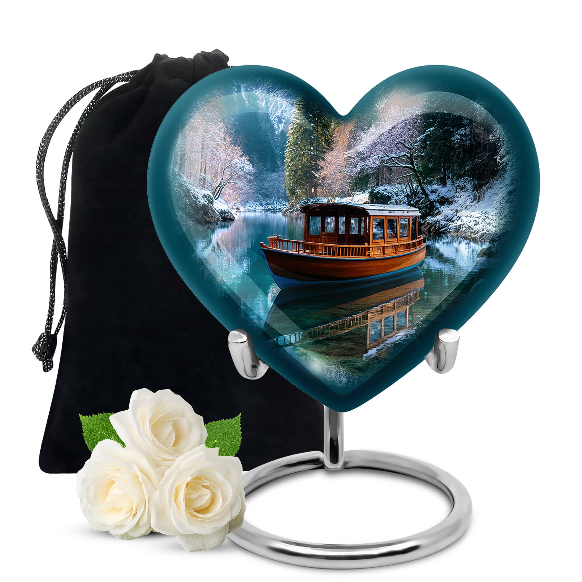 Steel Blue Boat Cremation Urn detail view - romantic heart urn with boat motif on aluminum - full-size 10 inch 200 cubic inch adult cremation urn