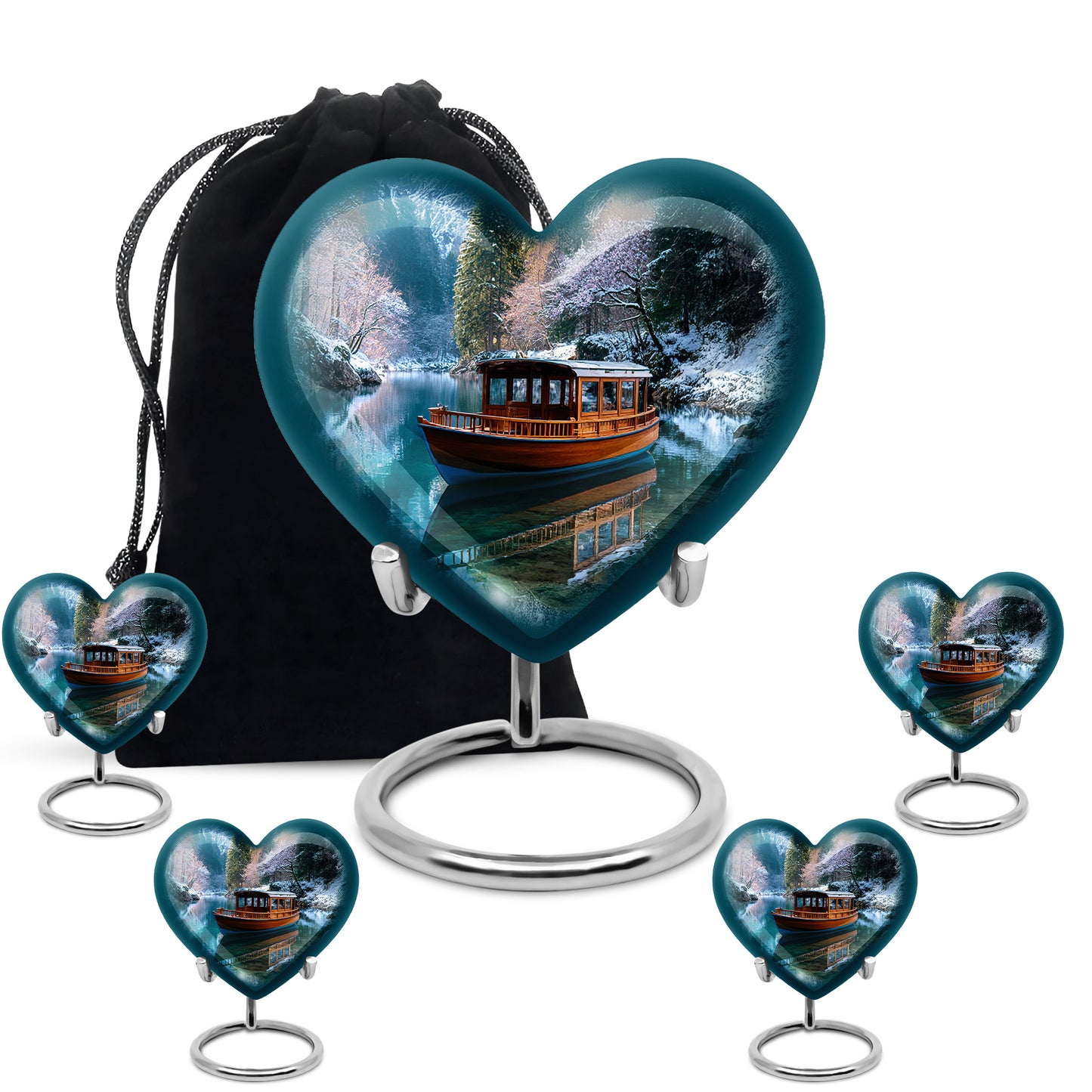 Dusty Blue Boat Cremation Urn close-up of engraving and surface detail - heart-shaped boat design symbolizing eternal love - memorial set with one large and four small urns