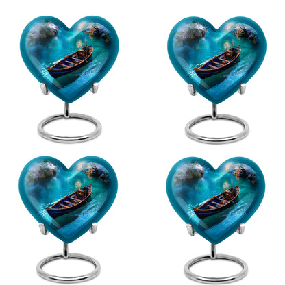 Serene Blue Boat Cremation Urn angled view of lid and engraved motif - compassionate heart-boat combination with gentle curves - 10 inch aluminum urn for cremated remains