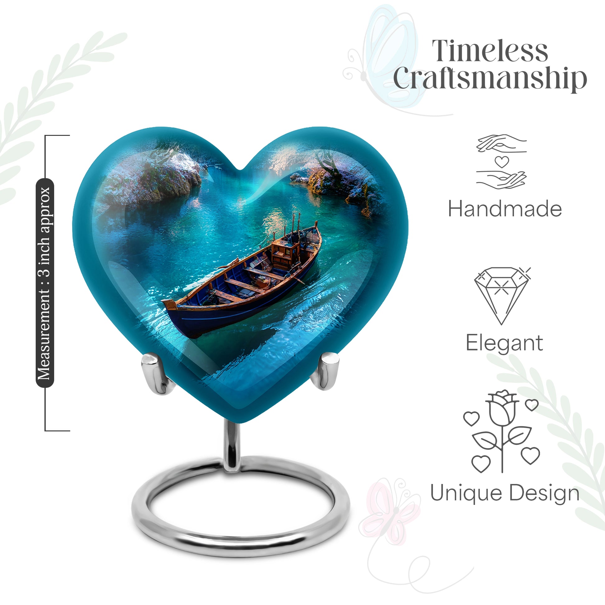 Steel Blue Boat Cremation Urn front view showing detailed design - compassionate heart-boat combination with gentle curves - mini keepsake memorial for portion of cremation ashes