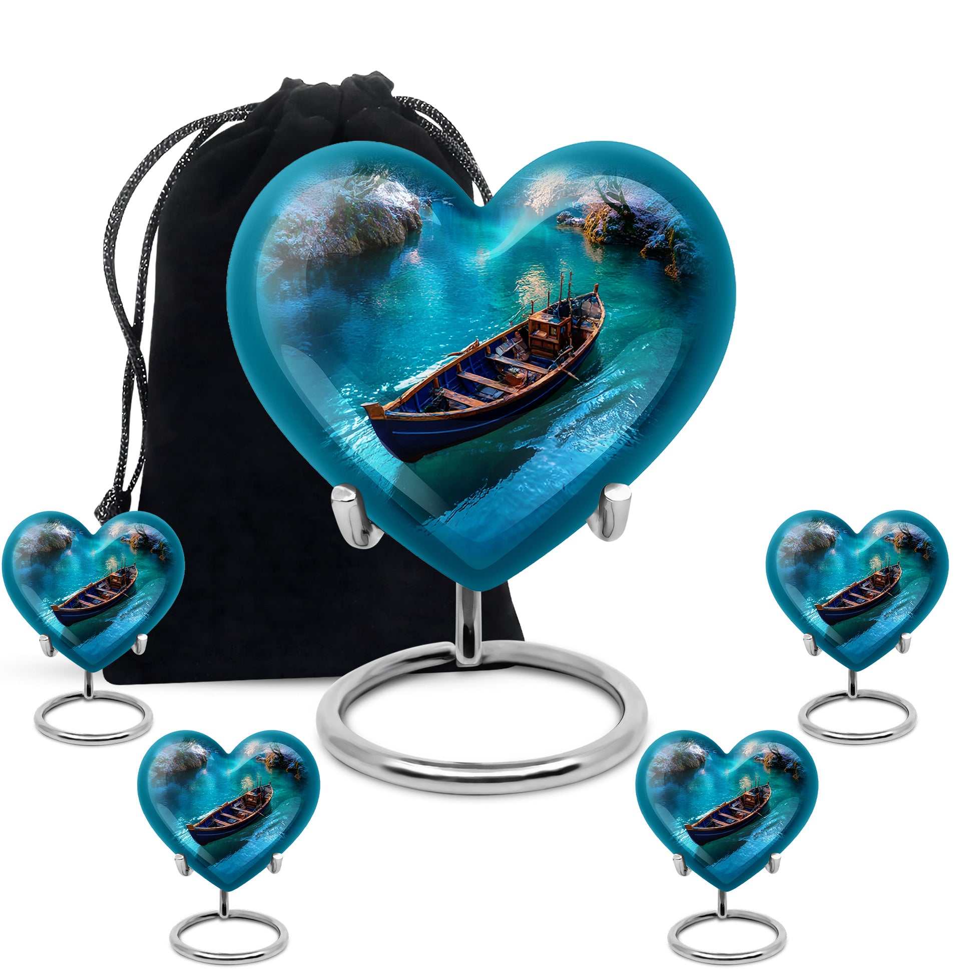 Navy Blue Boat Cremation Urn close-up of engraving and surface detail - loving heart memorial featuring boat pattern - memorial set with one large and four small urns