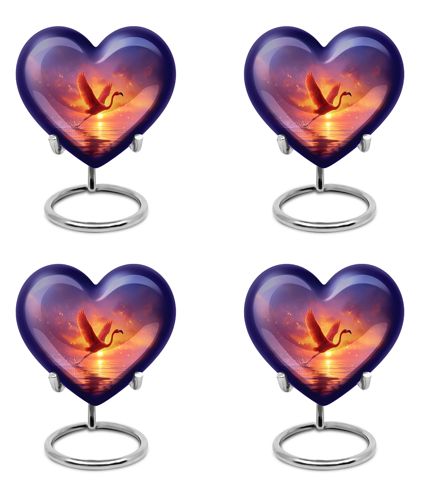 Violet Purple Flamingo Cremation Urn angled view of lid and engraved motif - compassionate heart-flamingo combination with gentle curves - 10 inch aluminum urn for cremated remains