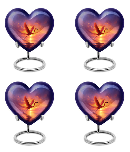 Violet Purple Flamingo Cremation Urn angled view of lid and engraved motif - compassionate heart-flamingo combination with gentle curves - 10 inch aluminum urn for cremated remains