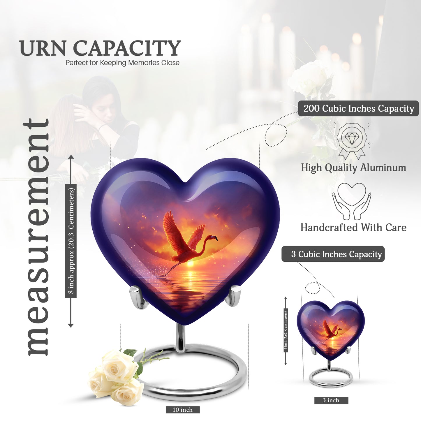 Royal Purple Flamingo Cremation Urn front view showing detailed design - romantic heart urn with flamingo motif on aluminum - mini keepsake memorial for portion of cremation ashes