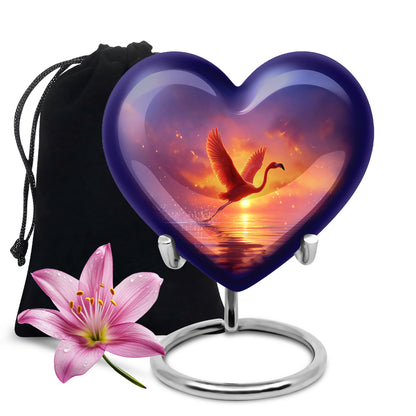 Orchid Purple Flamingo Cremation Urn detail view - loving heart memorial featuring flamingo pattern - full-size 10 inch 200 cubic inch adult cremation urn