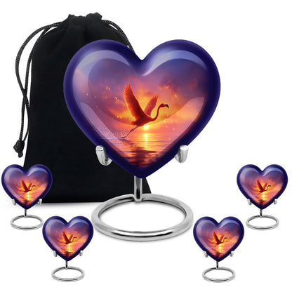 Deep Purple Flamingo Cremation Urn close-up of engraving and surface detail - loving heart memorial featuring flamingo pattern - memorial set with one large and four small urns