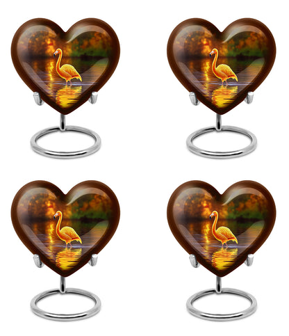 Burnished Gold Flamingo Cremation Urn angled view of lid and engraved motif - compassionate heart-flamingo combination with gentle curves - 10 inch aluminum urn for cremated remains