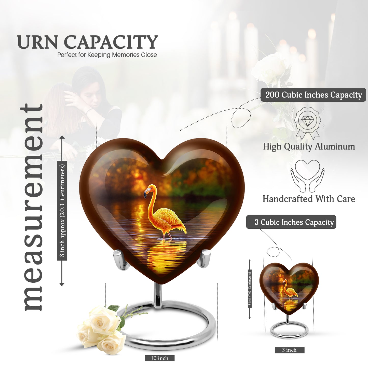 Warm Gold Flamingo Cremation Urn front view showing detailed design - romantic heart urn with flamingo motif on aluminum - mini keepsake memorial for portion of cremation ashes