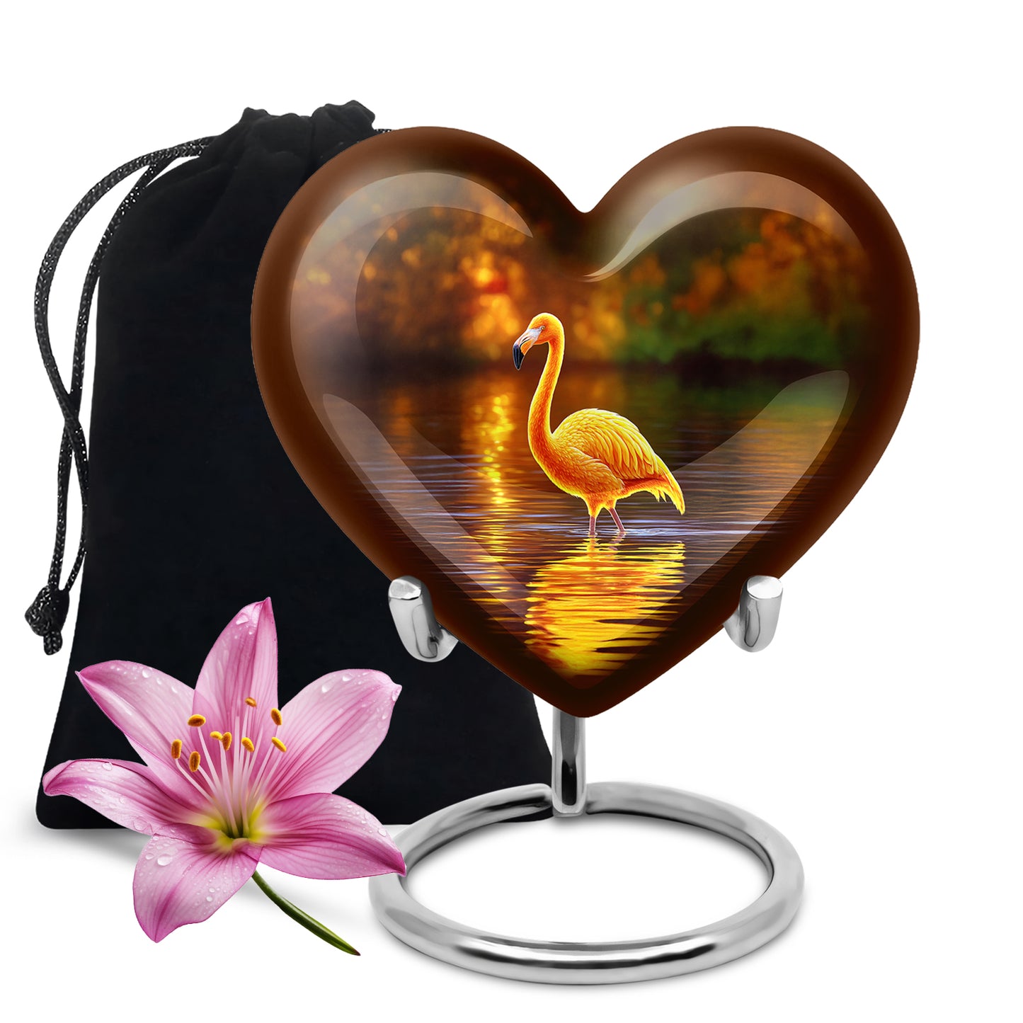 Burnished Gold Flamingo Cremation Urn detail view - romantic heart urn with flamingo motif on aluminum - full-size 10 inch 200 cubic inch adult cremation urn