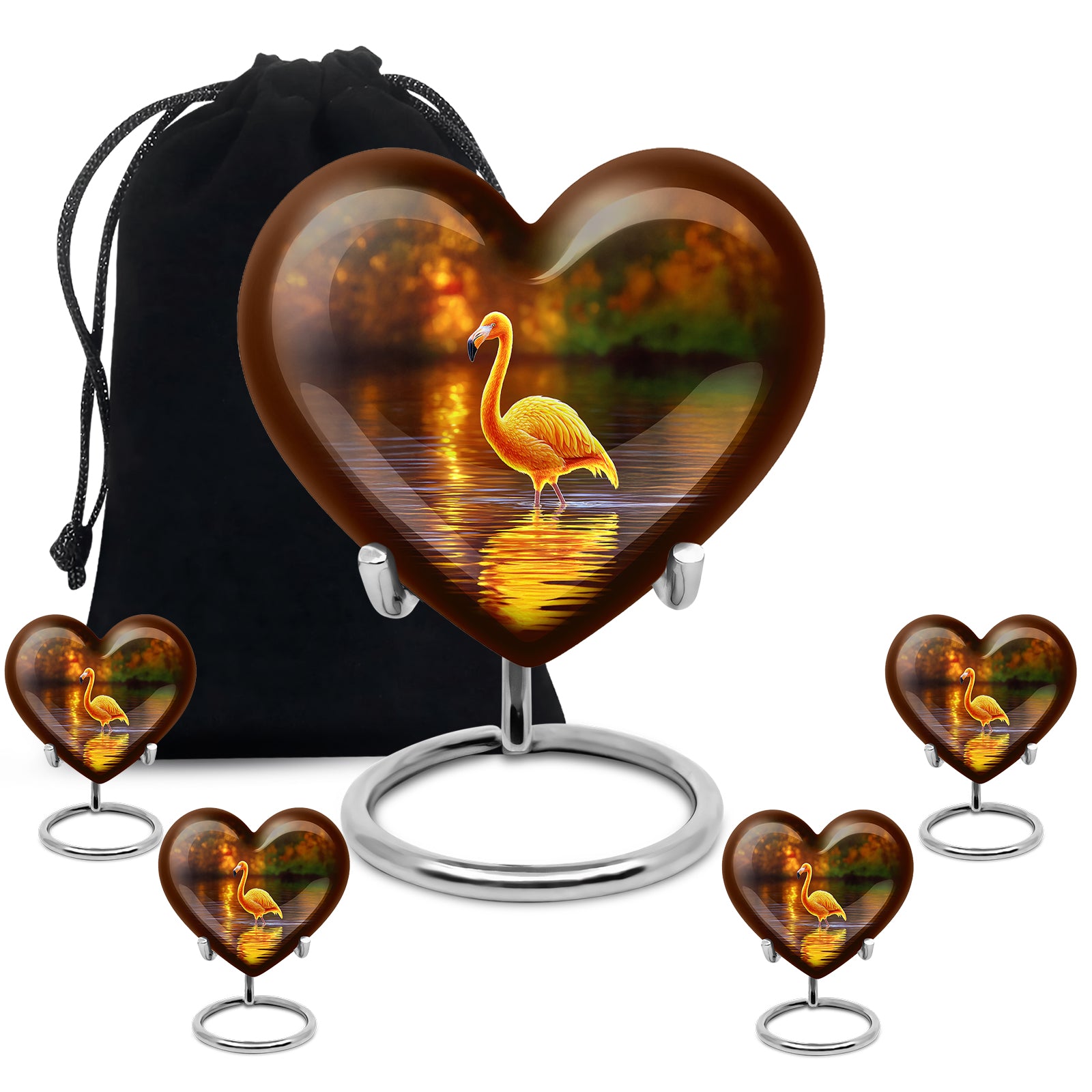 Sunrise Gold Flamingo Cremation Urn close-up of engraving and surface detail - heart-shaped flamingo design symbolizing eternal love - memorial set with one large and four small urns