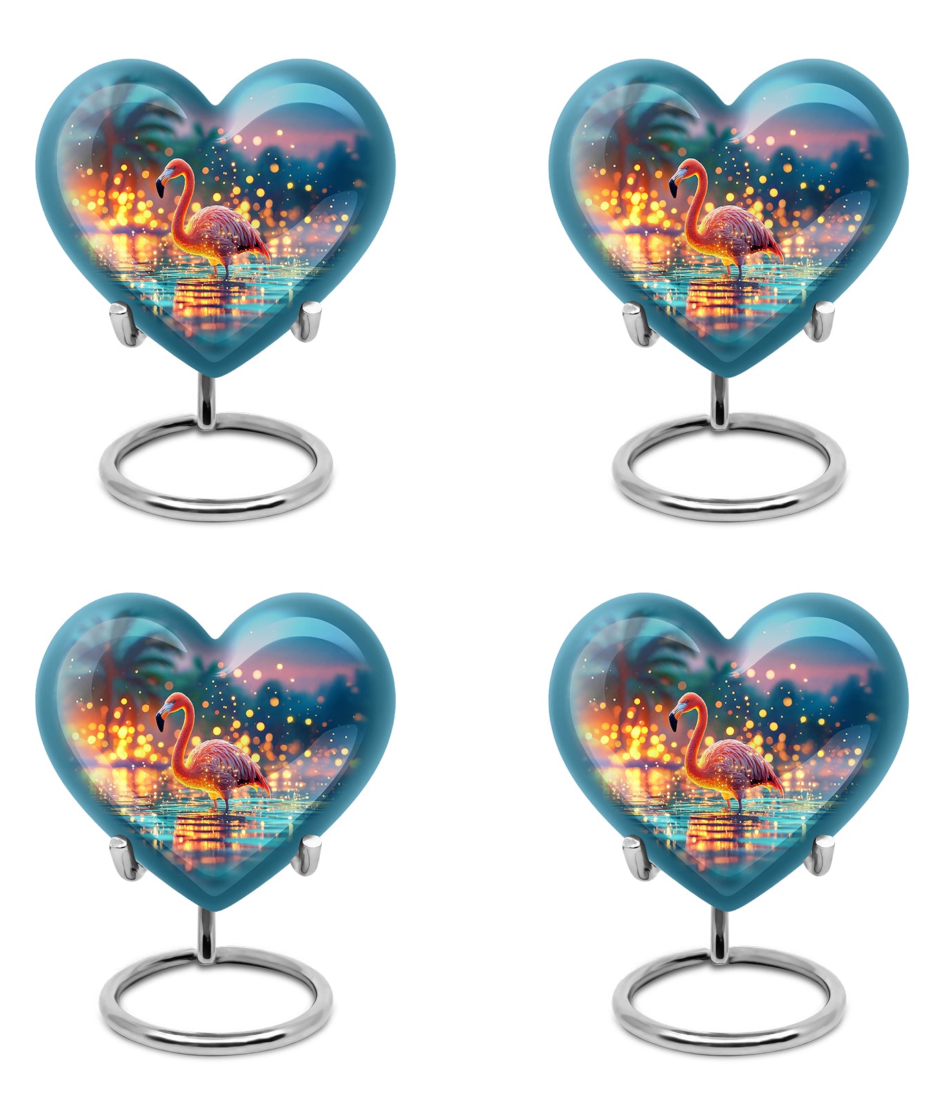 Aqua Teal Flamingo Cremation Urn angled view of lid and engraved motif - romantic heart urn with flamingo motif on aluminum - 10 inch aluminum urn for cremated remains