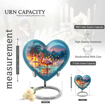 Aqua Teal Flamingo Cremation Urn front view showing detailed design - compassionate heart-flamingo combination with gentle curves - mini keepsake memorial for portion of cremation ashes