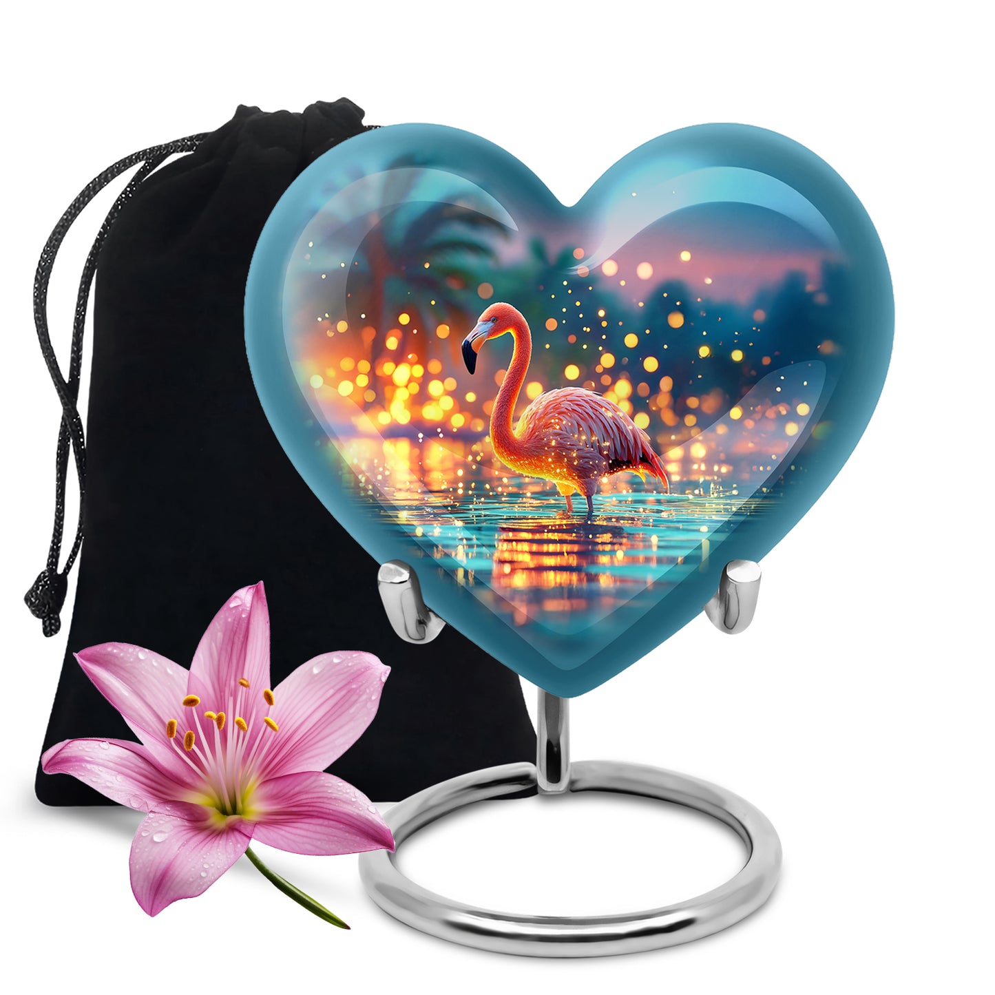 Deep Teal Flamingo Cremation Urn detail view - romantic heart urn with flamingo motif on aluminum - full-size 10 inch 200 cubic inch adult cremation urn