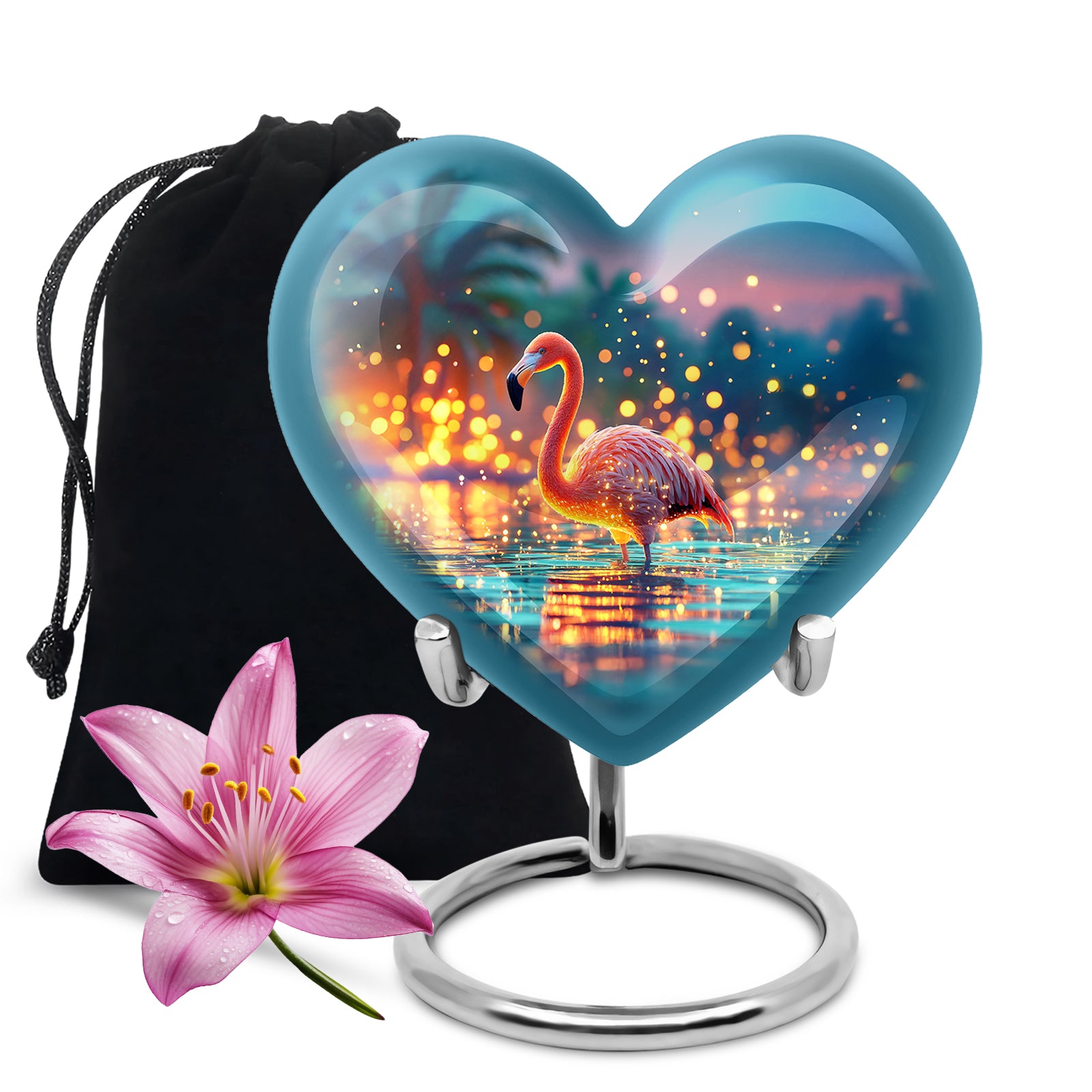Deep Teal Flamingo Cremation Urn detail view - romantic heart urn with flamingo motif on aluminum - full-size 10 inch 200 cubic inch adult cremation urn