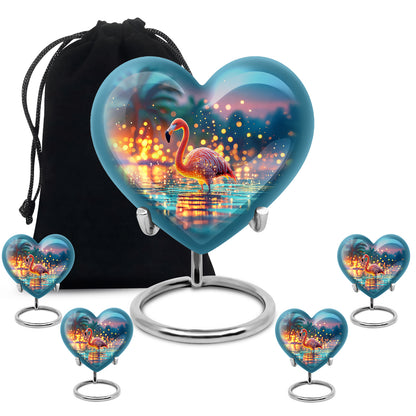 Vivid Teal Flamingo Cremation Urn close-up of engraving and surface detail - compassionate heart-flamingo combination with gentle curves - memorial set with one large and four small urns