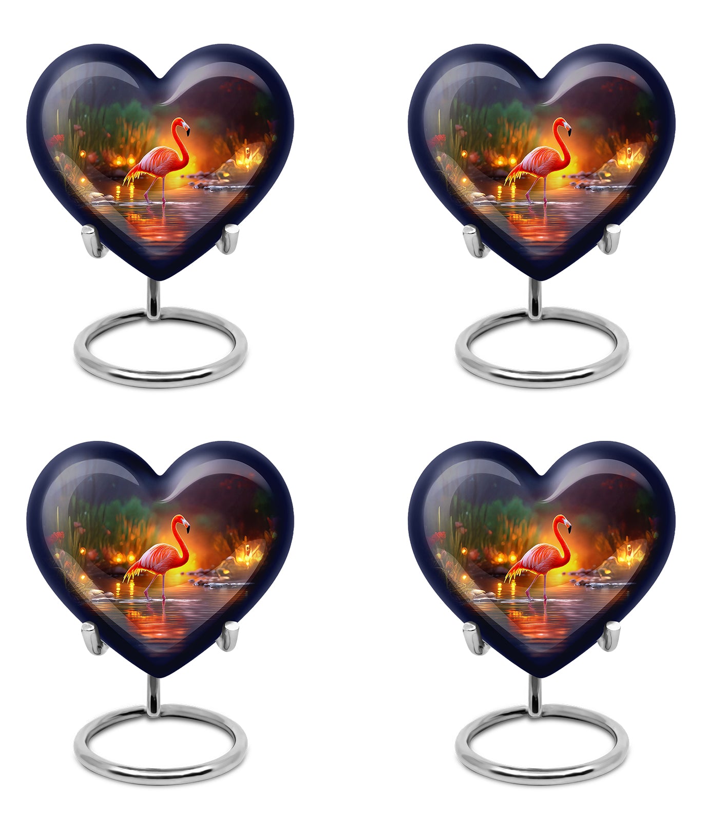 Azure Flamingo Cremation Urn angled view of lid and engraved motif - heart-shaped flamingo design symbolizing eternal love - 10 inch aluminum urn for cremated remains