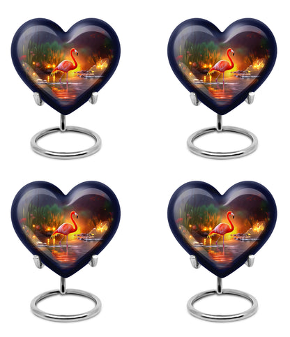 Azure Flamingo Cremation Urn angled view of lid and engraved motif - heart-shaped flamingo design symbolizing eternal love - 10 inch aluminum urn for cremated remains