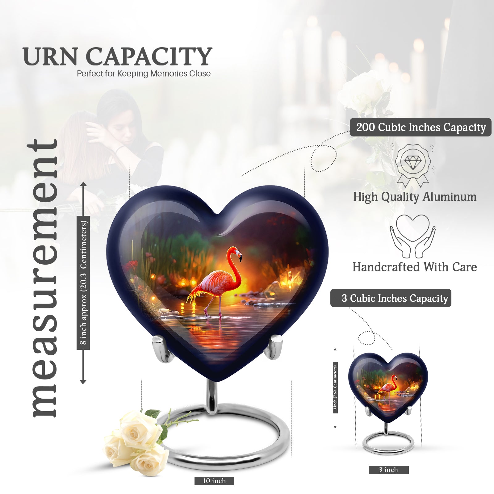 Calming Blue Flamingo Cremation Urn front view showing detailed design - romantic heart urn with flamingo motif on aluminum - mini keepsake memorial for portion of cremation ashes