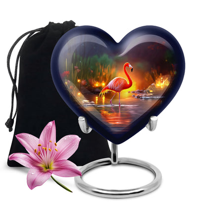 Steel Blue Flamingo Cremation Urn detail view - romantic heart urn with flamingo motif on aluminum - full-size 10 inch 200 cubic inch adult cremation urn
