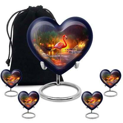 Calming Blue Flamingo Cremation Urn close-up of engraving and surface detail - romantic heart urn with flamingo motif on aluminum - memorial set with one large and four small urns