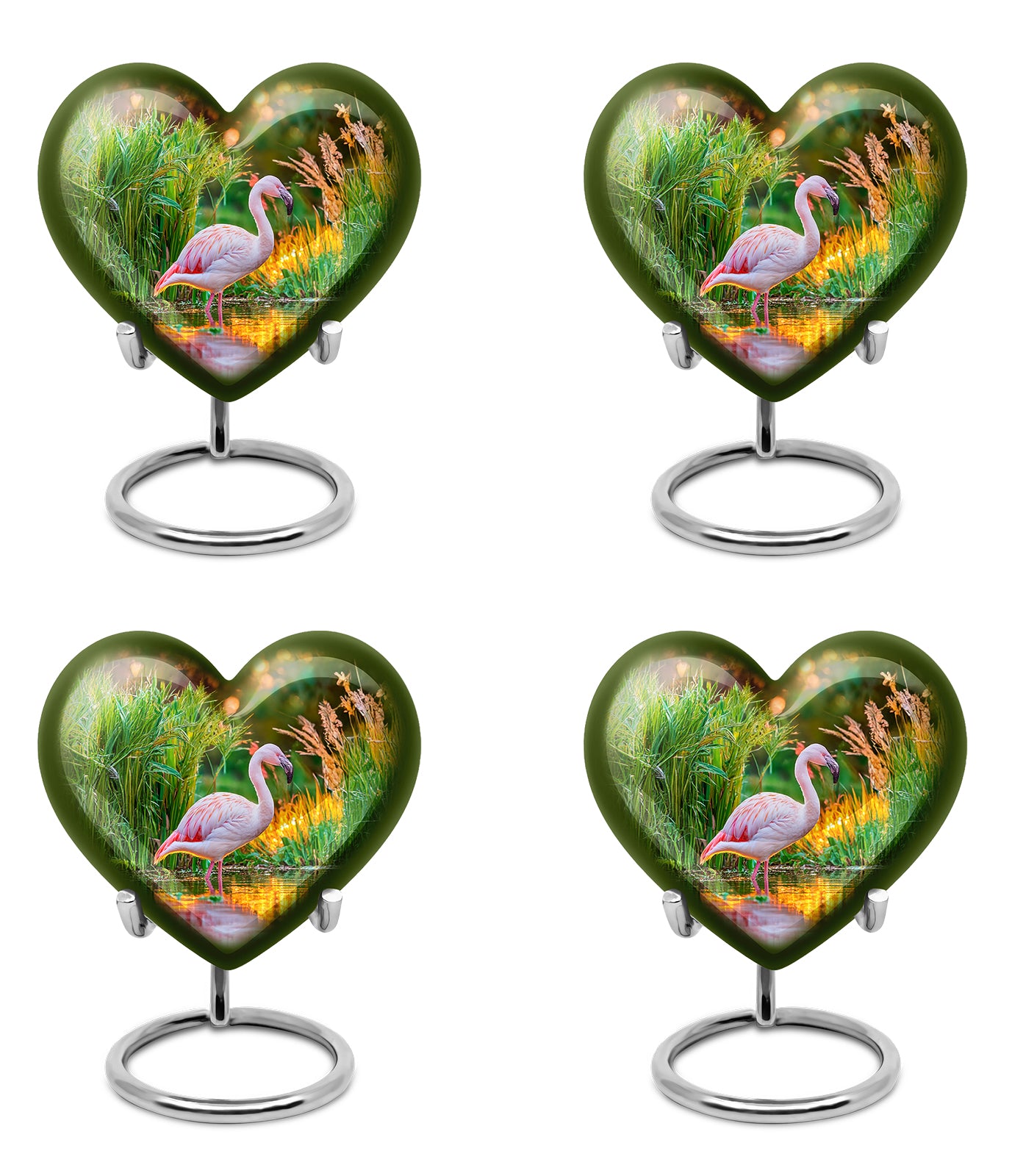Burnished Gold Flamingo Cremation Urn angled view of lid and engraved motif - compassionate heart-flamingo combination with gentle curves - 10 inch aluminum urn for cremated remains
