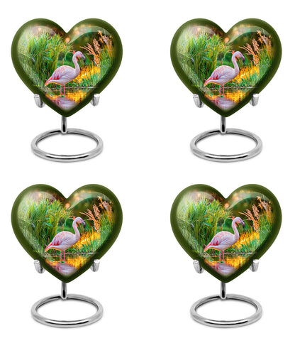 Burnished Gold Flamingo Cremation Urn angled view of lid and engraved motif - compassionate heart-flamingo combination with gentle curves - 10 inch aluminum urn for cremated remains