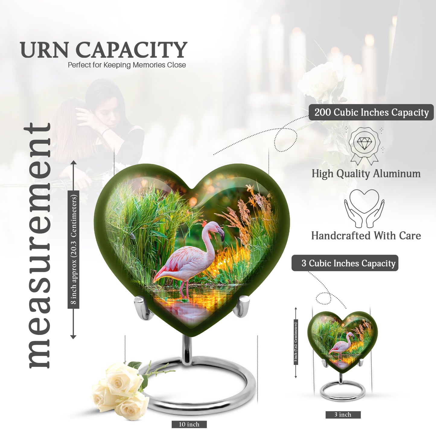Matte Gold Flamingo Cremation Urn front view showing detailed design - romantic heart urn with flamingo motif on aluminum - mini keepsake memorial for portion of cremation ashes