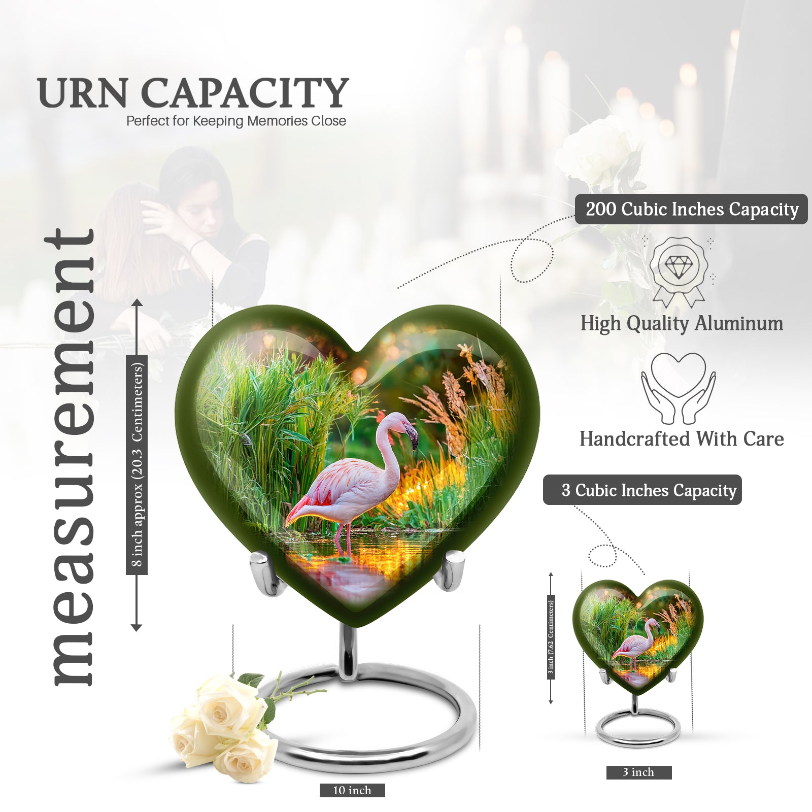 Matte Gold Flamingo Cremation Urn front view showing detailed design - romantic heart urn with flamingo motif on aluminum - mini keepsake memorial for portion of cremation ashes